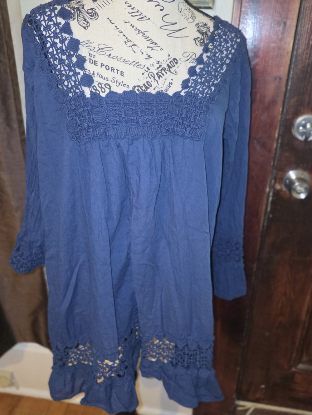 S.R. Fashions Navy Blue Crochet-Trim Peasant Tunic Large
